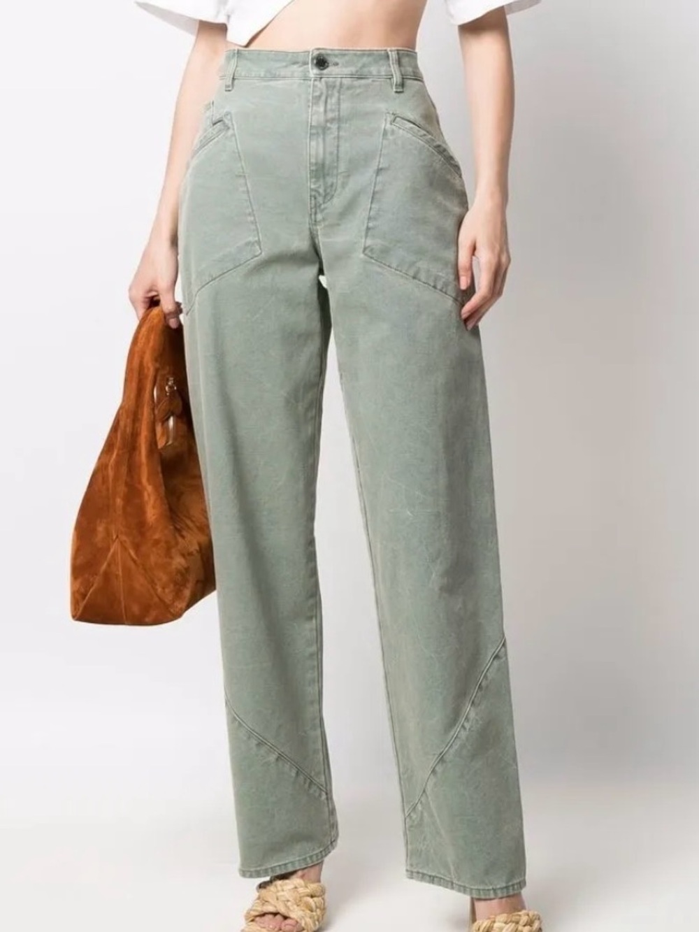NWOT! Alberta Ferretti Made in Italy Wide Leg Khaki Jeans Size 4 Barrel Leg